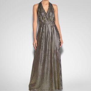 TOV Los Angeles Gold Pinstripe Halter Neck Maxi Dress